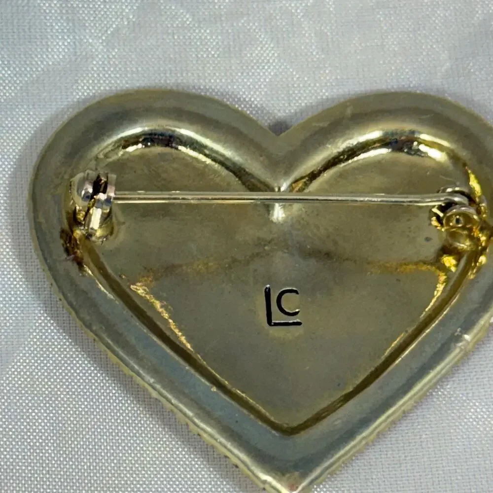 Liz Claiborne Heart Brooch Red Mosaic Rhinestone Faux Pearl Pin
